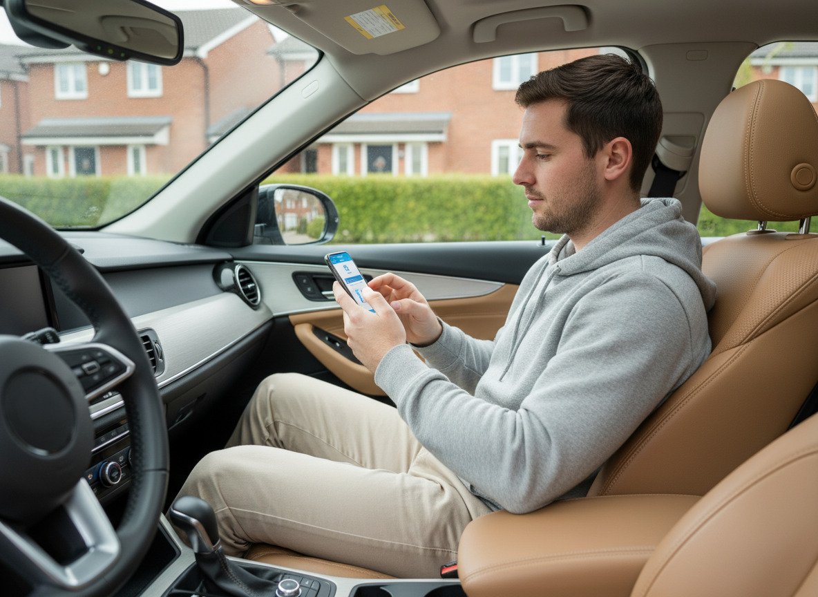 Jeune homme utilisant smartphone dans voiture stationnee