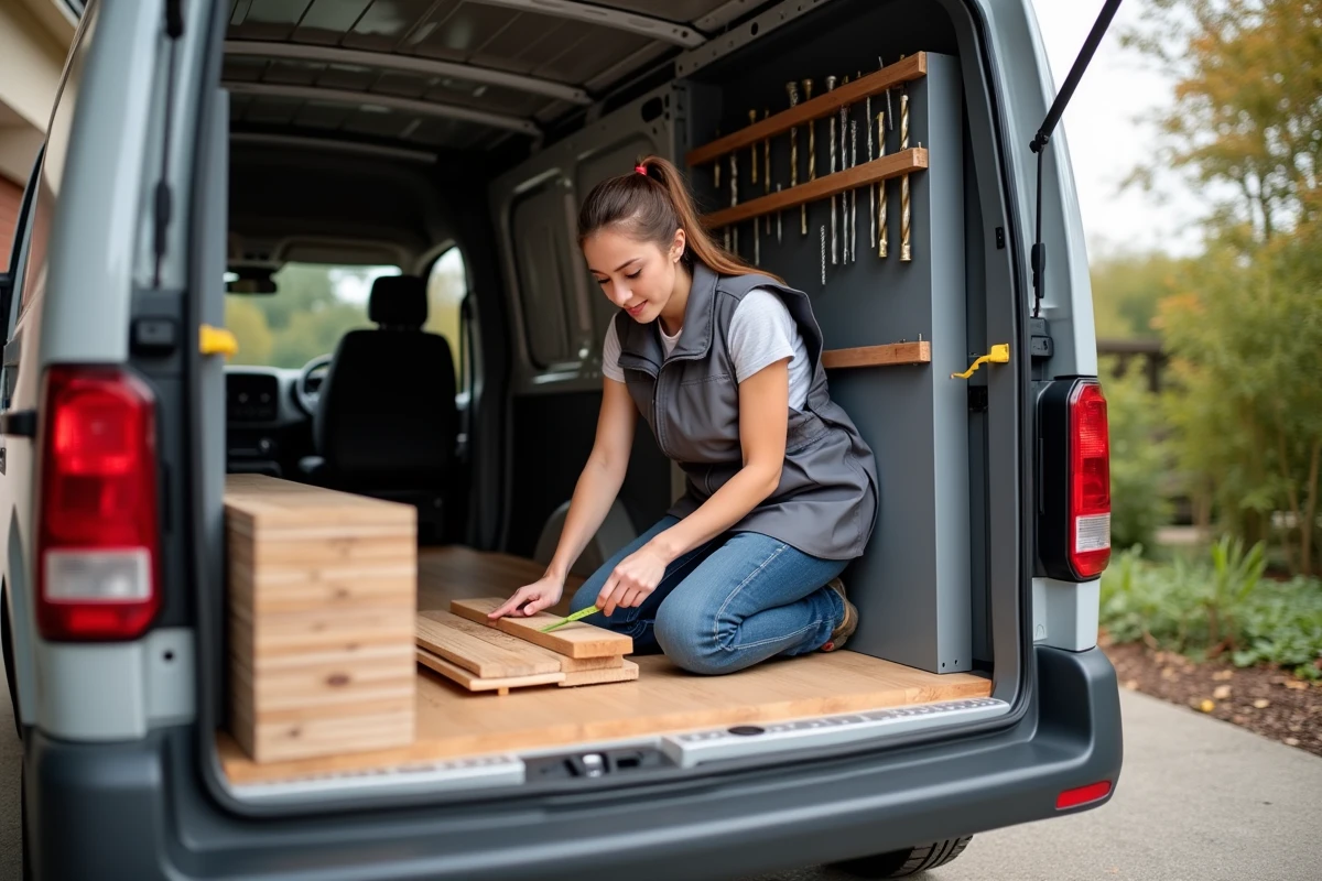 Jeune femme mesurant des planches dans un van aménagé