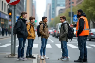 Jeunes au lycée écoutant un agent de sécurité routière