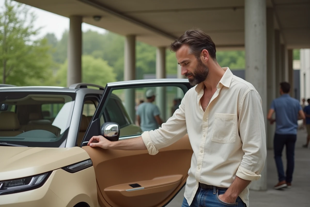 Journaliste automobile examinant le concept Dacia Sandman lors d'un salon automobile européen en extérieur