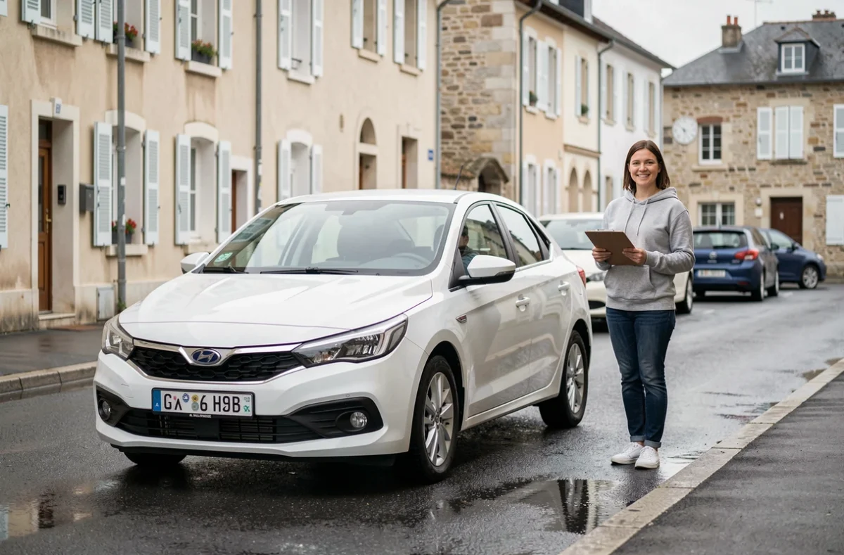 Élève et monitrice de La Passerelle auto-école à Bourg-en-Bresse devant une voiture d'école de conduite