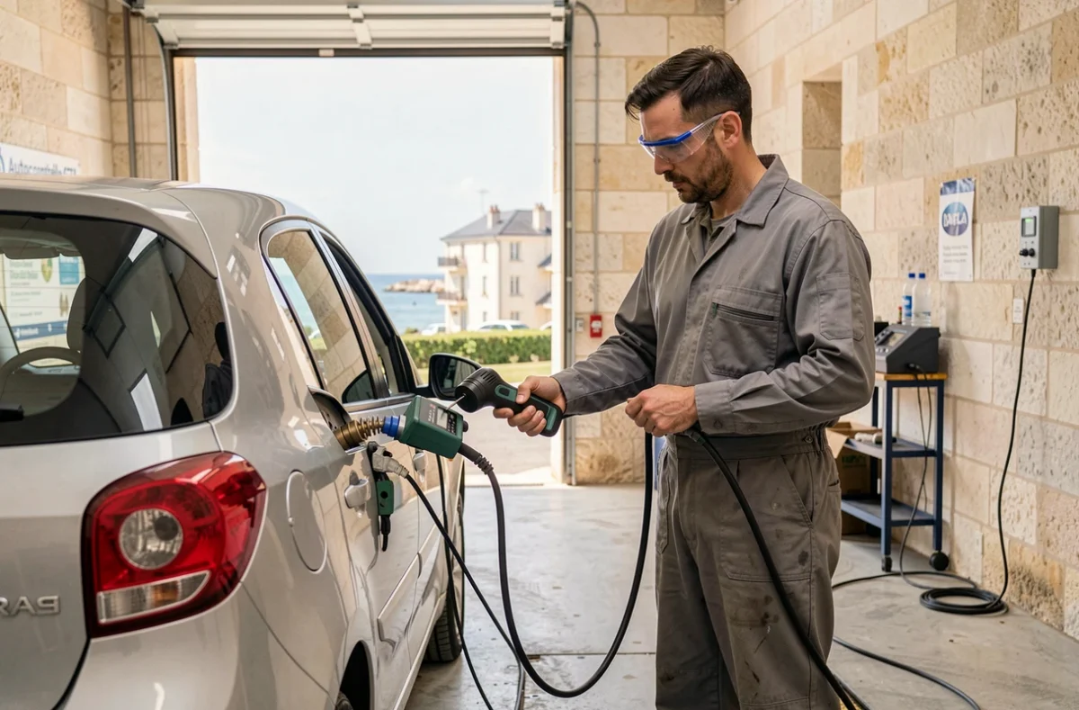 Technicien de La Rochelle Autocontrôle CCTA de Lafond réalisant un test d'émissions sur une voiture compacte