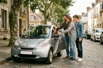 Famille de quatre personnes découvrant une Ligier 4 places garée dans une rue résidentielle française