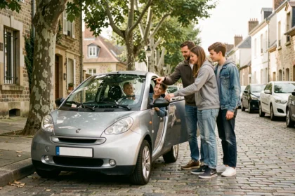 Famille de quatre personnes découvrant une Ligier 4 places garée dans une rue résidentielle française