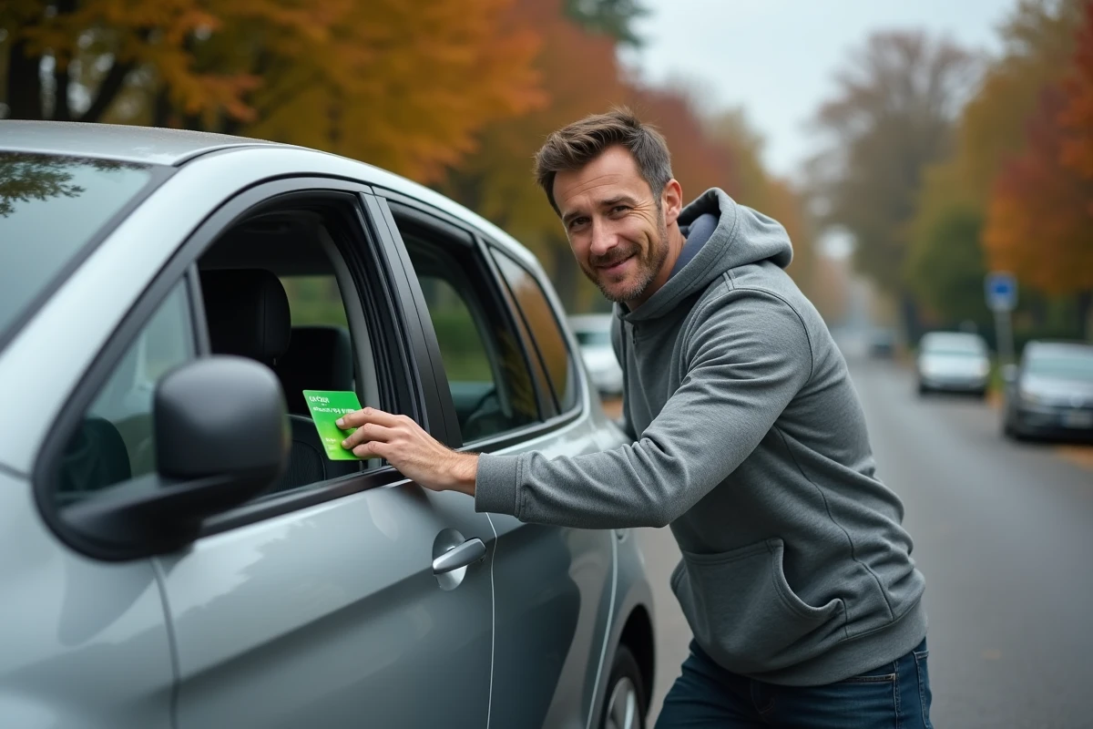 Homme lissant une vignette Crit'Air avec une carte de crédit pour éviter les bulles d'air sur le pare-brise