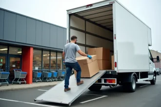 Camion 20m3 avec hayon chargé devant un supermarché Leclerc pour une location aller simple
