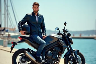 Homme en veste de moto devant une moto de location au port d'Agde avec vue sur la Méditerranée