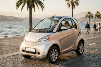 Voiture sans permis en location garée sur la Promenade des Anglais à Nice avec la mer Méditerranée en arrière-plan