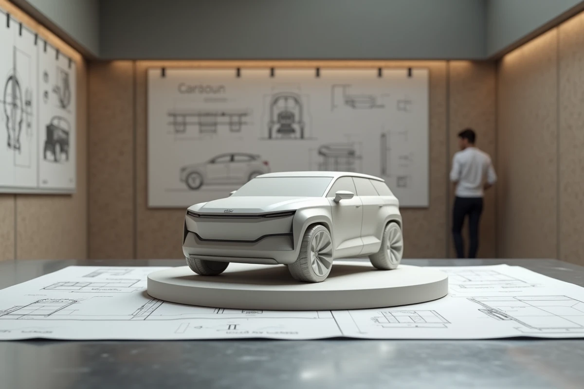 Maquette en argile du concept Dacia Sandman dans un studio de design automobile avec croquis et plans techniques