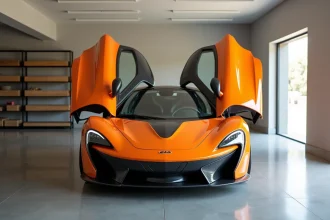 McLaren F1 orange métallisé dans un garage privé minimaliste, porte papillon entrouverte révélant le cockpit à trois places