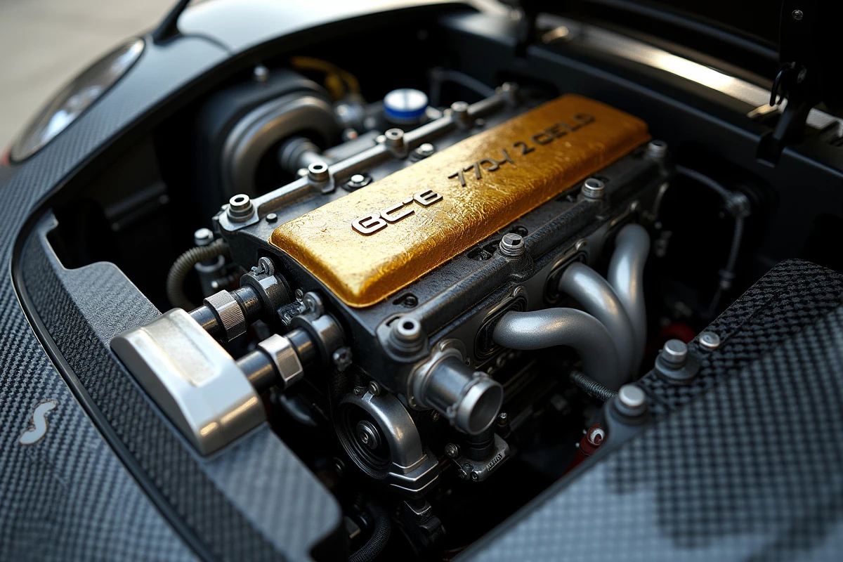 Détail du moteur V12 BMW de la McLaren F1 avec protection thermique dorée et composants en fibre de carbone visibles