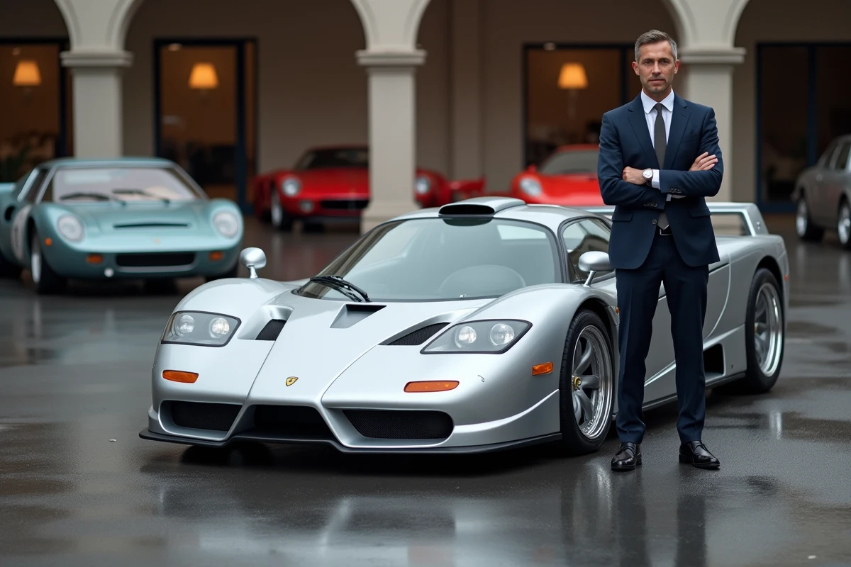 McLaren F1 argentée lors d'une vente aux enchères de voitures de collection avec commissaire-priseur en costume sombre