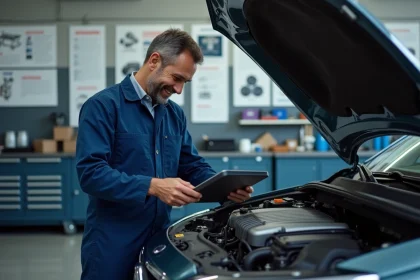 Mécanicien auto homme inspectant un moteur moderne