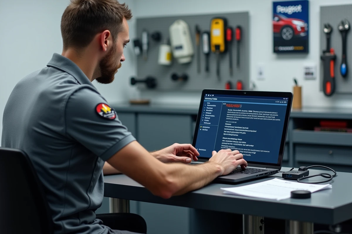 Mécanicien consultant un ordinateur portable avec un logiciel de diagnostic affichant le code P1445 Peugeot