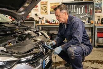 Mécanicien indépendant connectant un scanner OBD2 sur une Renault pour diagnostiquer le code défaut DTC253F29