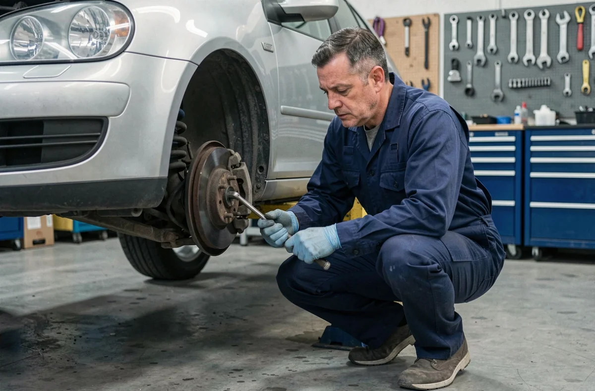 Mécanicien inspectant le triangle avant d'une Volkswagen Golf 4 soulevée sur pont de garage