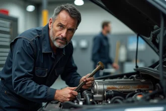 Mécanicien professionnel inspectant un moteur diesel BiTDI dans un atelier automobile réaliste