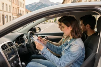 Une étudiante au volant d'une voiture d'auto-école en Auvergne-Rhône-Alpes avec son moniteur à côté d'elle