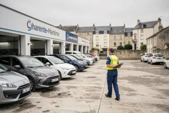 Vue d'ensemble d'un centre de contrôle technique en Charente-Maritime avec des voitures en file d'attente et un technicien professionnel