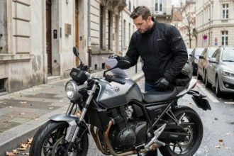 Motard debout près de sa moto 650cc en ville consultant des documents d'assurance moto