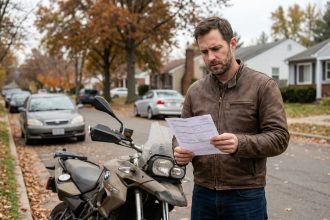 Motard examinant son contrat d'assurance moto devant sa moto garée dans une rue résidentielle
