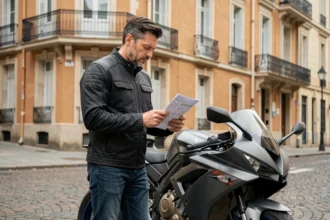 Motard à Lyon consultant son contrat d'assurance moto devant une façade lyonnaise typique