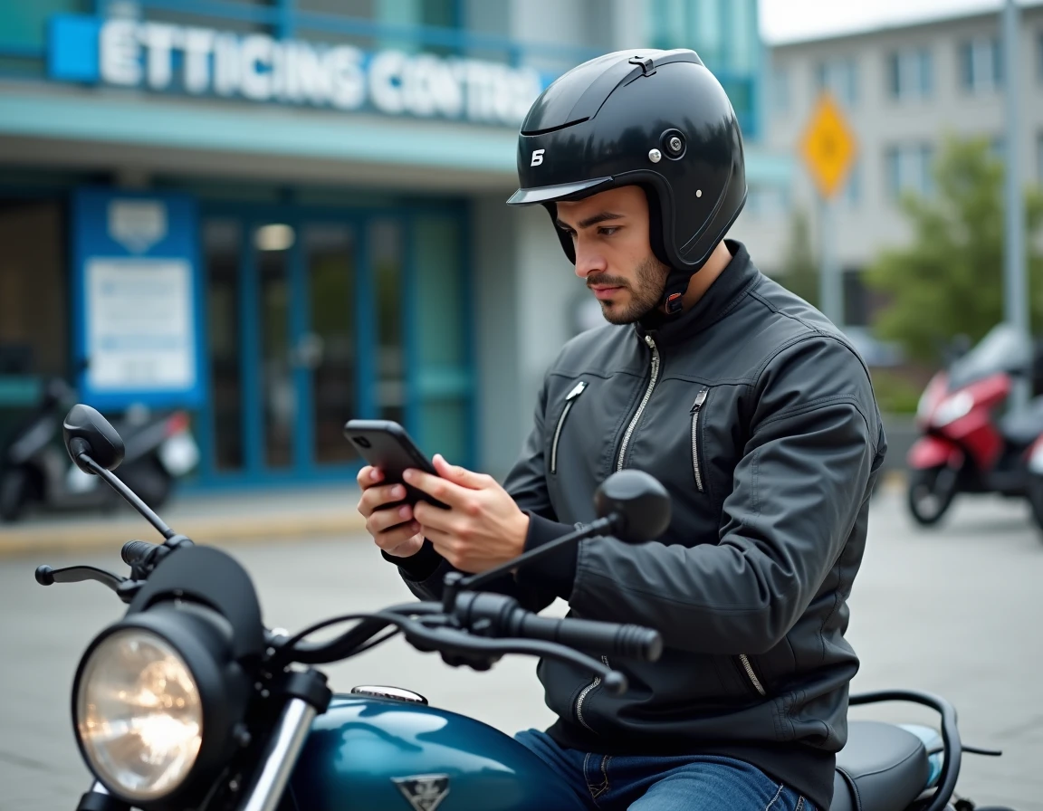 Motard consultant son smartphone pour vérifier l'obligation de contrôle technique de sa moto devant un centre agréé