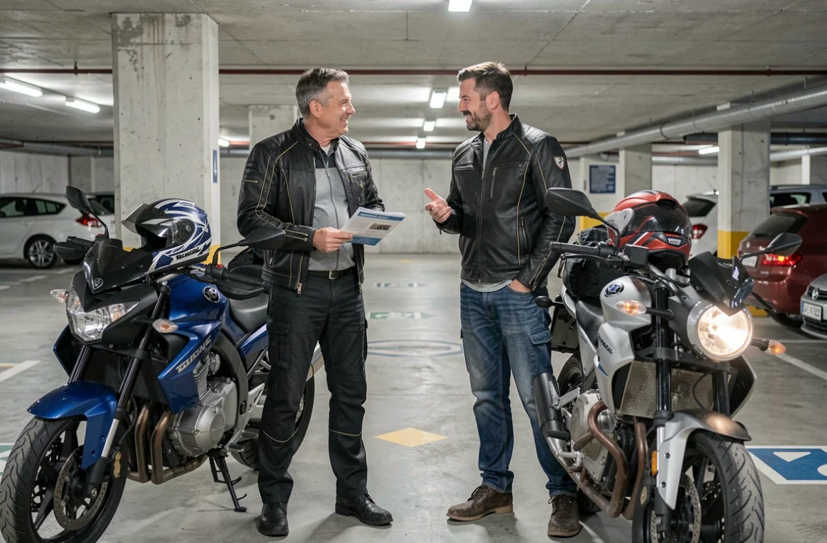 Deux motards comparant leurs assurances moto dans un parking souterrain à Lyon
