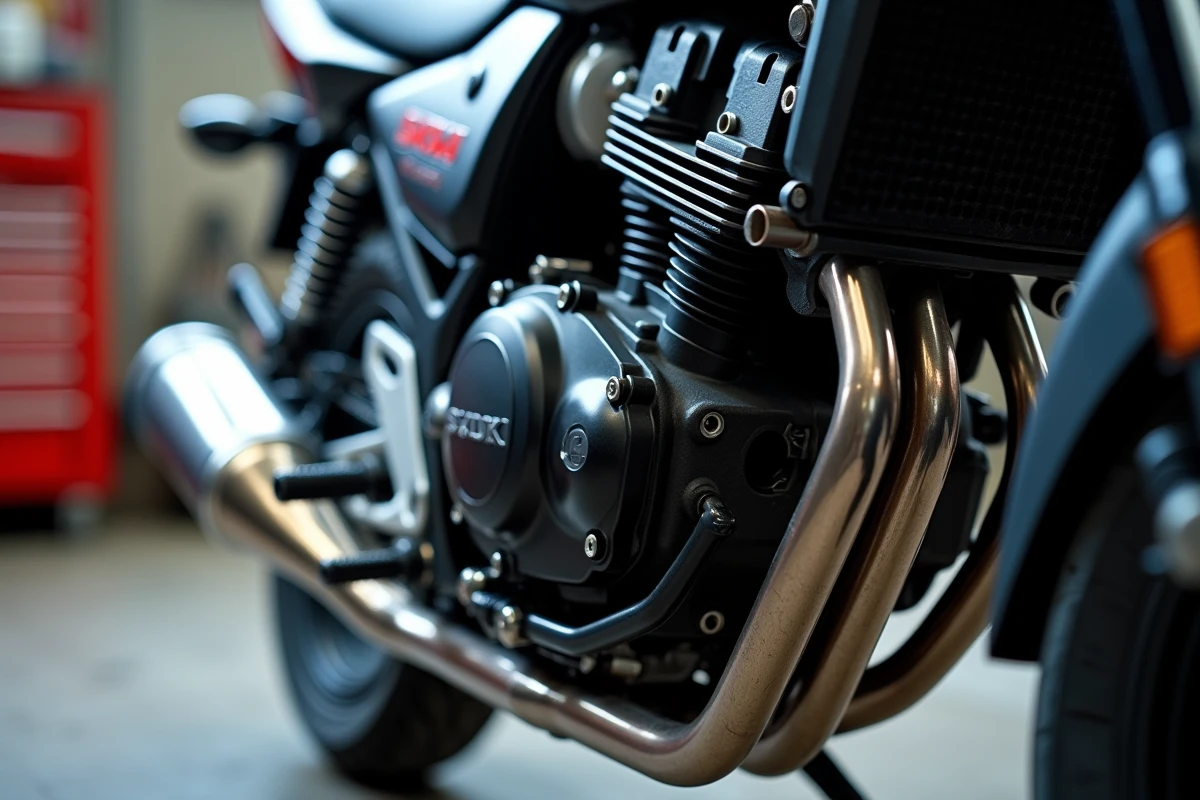 Gros plan sur le moteur monocylindre et le système d'échappement de la Suzuki GSX-S 125 dans un atelier mécanique, détail technique et finitions usine