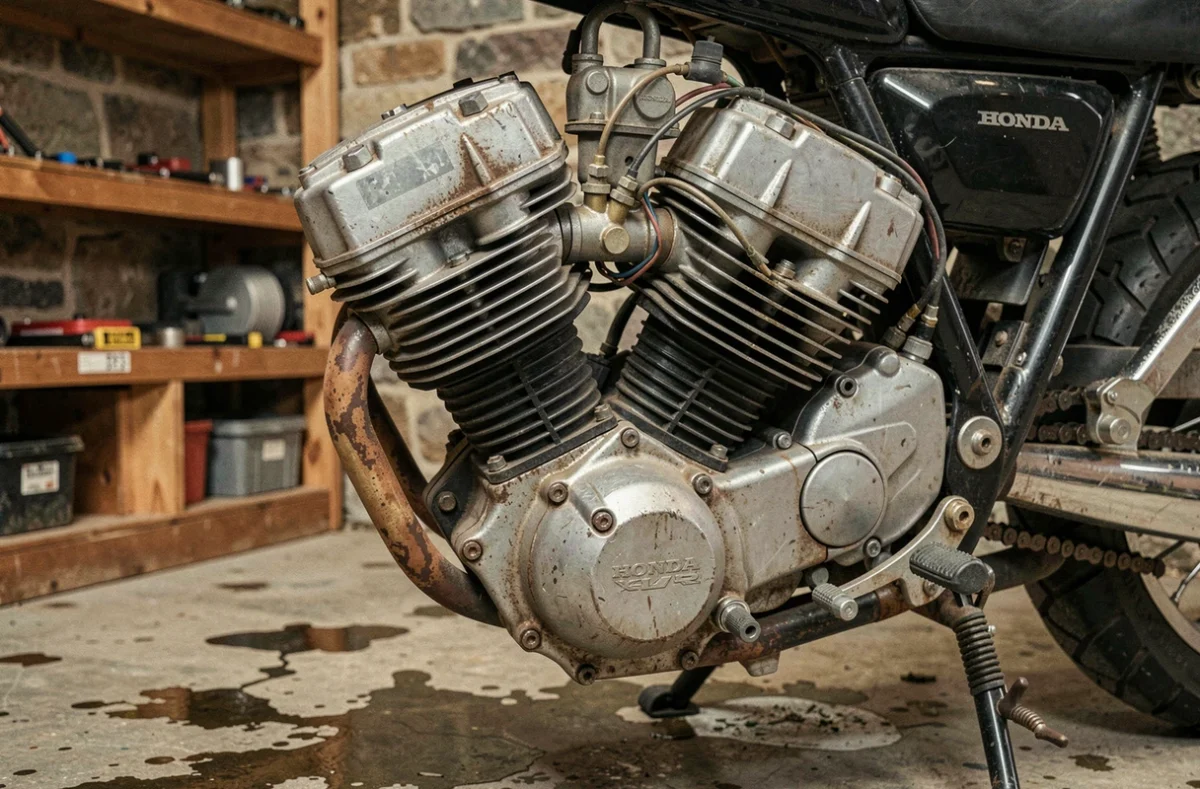 Gros plan sur le moteur V-twin de la Honda XLV750R dans un garage en pierre, détails mécaniques et patine d'époque visibles