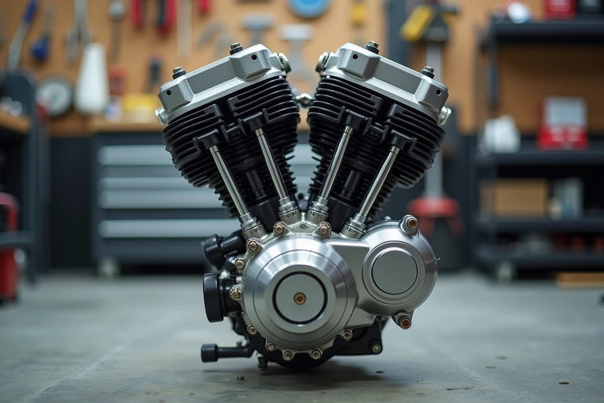 Gros plan sur un moteur de moto 800cc quatre cylindres en atelier mécanique