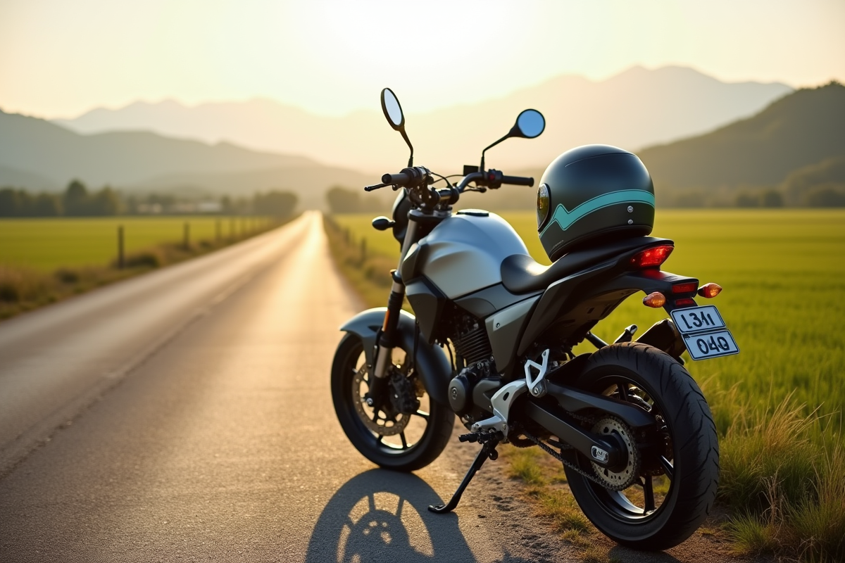 Moto 125cc garée sur route rurale au matin avec champs et montagnes