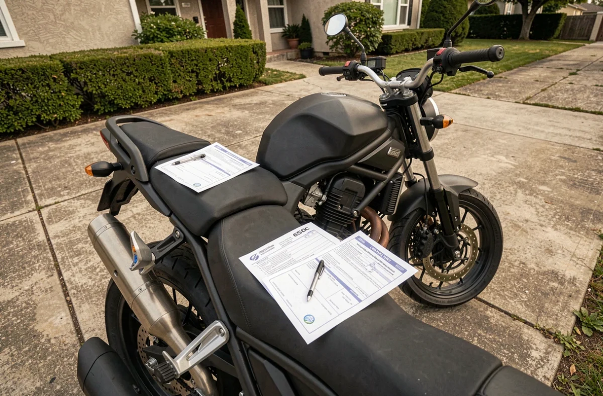 Moto 650cc garée avec des documents d'assurance posés sur la selle illustrant le coût de l'assurance moto