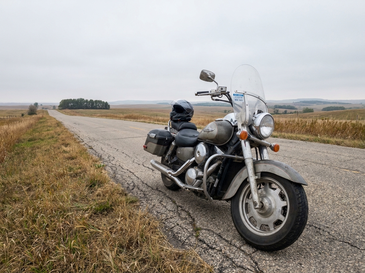 Moto garée au bord d'une route de campagne avec vignette d'assurance visible sur le pare-brise