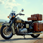 Moto classique avec sidecar chargé de bagages en campagne