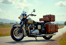Moto classique avec sidecar chargé de bagages en campagne