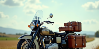 Moto classique avec sidecar chargé de bagages en campagne
