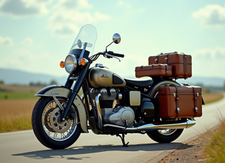 Moto classique avec sidecar chargé de bagages en campagne