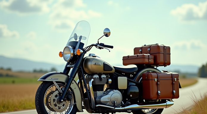 Moto classique avec sidecar chargé de bagages en campagne
