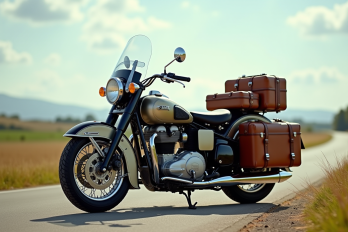 Moto classique avec sidecar chargé de bagages en campagne