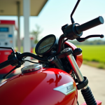 Moto Honda 125 rouge au station essence en plein jour