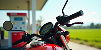 Moto Honda 125 rouge au station essence en plein jour