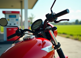 Moto Honda 125 rouge au station essence en plein jour