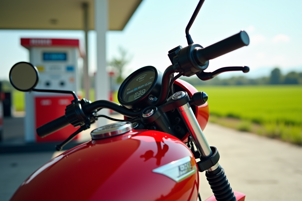 Moto Honda 125 rouge au station essence en plein jour