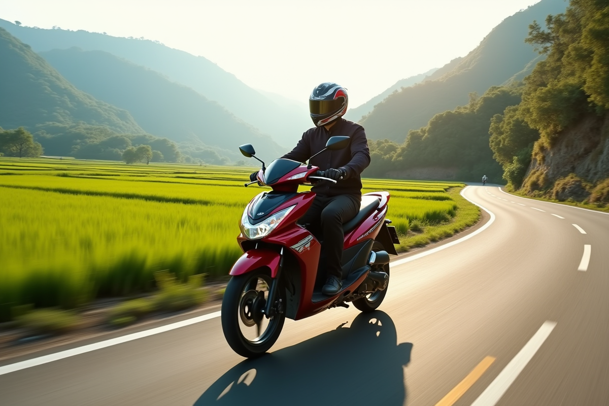 Moto Honda 125 en vitesse sur route bordée de rizières