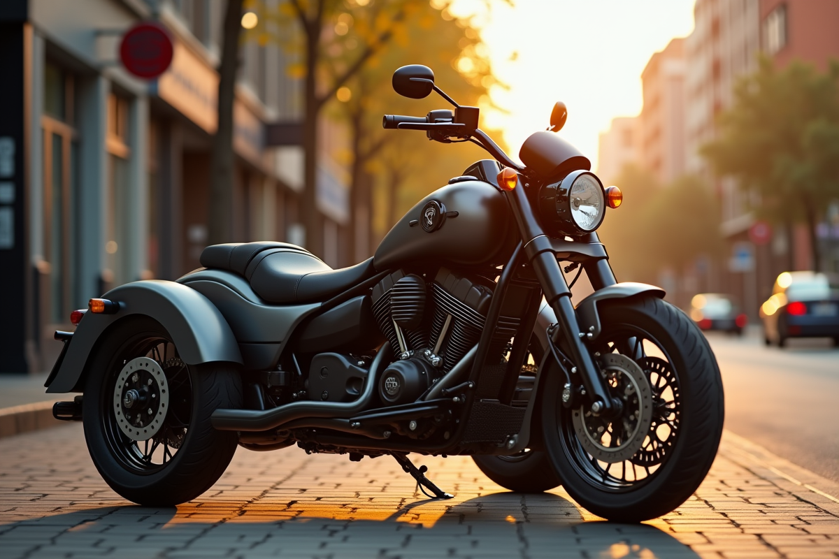 Zoom sur moto moderne avec sidecar lourd en ville au coucher du soleil