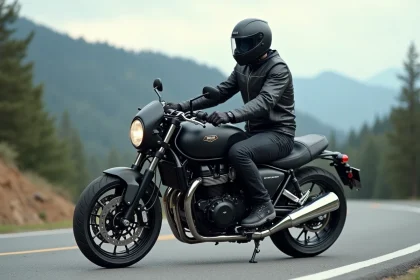 Motard en veste cuir sur une moto 1000cc garée sur une route de montagne sinueuse