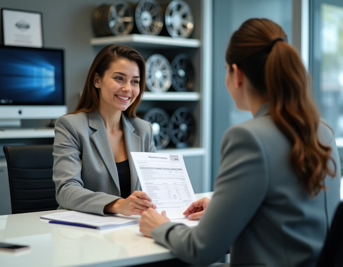 Cliente négociant un devis de covering de jantes avec un conseiller dans une réception de carrosserie