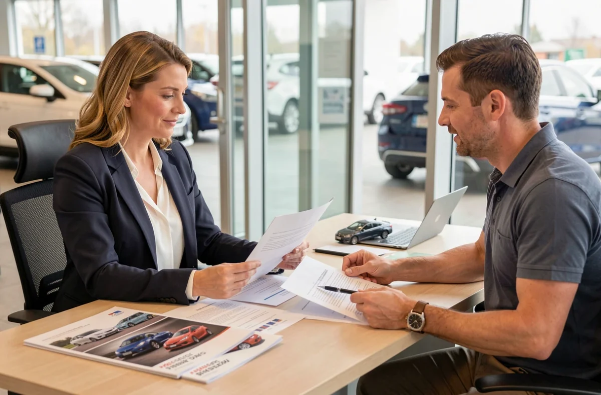 Une femme discute des documents de reprise de véhicule avec un conseiller dans un bureau de concession automobile