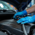 Mains d'un mécanicien utilisant un tuyau pour nettoyer un moteur sale